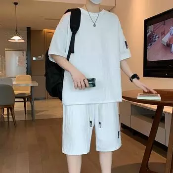 Летний комплект с короткими рукавами, мужской свободный жаккардовый комплект из двух предметов, повседневная спортивная одежда с буквами XXXXXL белый