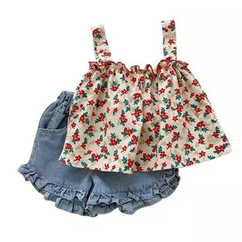 Летний комплект с шортами на подтяжках для девочек, милый детский комплект из двух предметов с цветочным принтом 110