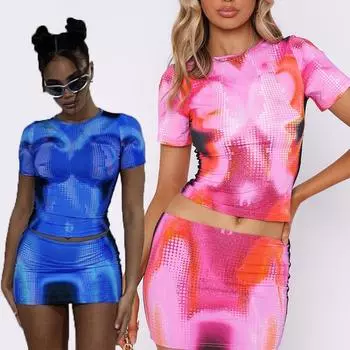 Летний комплект сексуального платья из 2 предметов, женские костюмы, корейская модная одежда, тонкие комплекты с короткими рукавами и узкими мини-юбками, футболка и узкие мини-юбки S синий