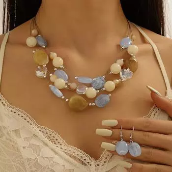 Летний комплект украшений в стиле бохо-шик из 3 предметов — разноцветное ожерелье и серьги из бисера, идеально подходит для вечеринок и отпуска синий