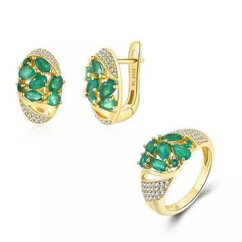 Летний комплект ювелирных изделий из натурального зеленого агата, кольца, серьги, серебро S925, изысканные украшения для женщин и девочек, подарки на день рождения и праздники US RING SIZE:7# зелёный