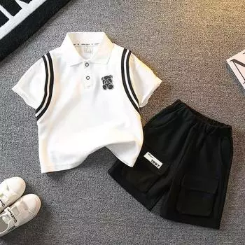 Летний комплект высококачественной одежды для мальчиков, модный комплект с короткими рукавами, детский крутой и удобный комплект из 2 предметов из чистого хлопка, рубашка-поло, детская одежда 6-12m белый