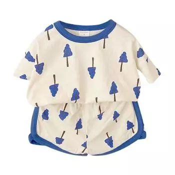 Летний корейский стиль для маленьких мальчиков и девочек, детская мода, повседневный простой, свободный, свежий, милый, с маленьким елочным принтом, футболка с короткими рукавами, шорты, костюм, комплект 60