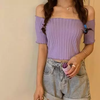 Летний короткий рукав трикотажный свитер футболка женская 2025 новая мода тонкие укороченные топы облегающие сексуальные повседневные короткие футболки с открытыми плечами рюшированная одежда One Size белый
