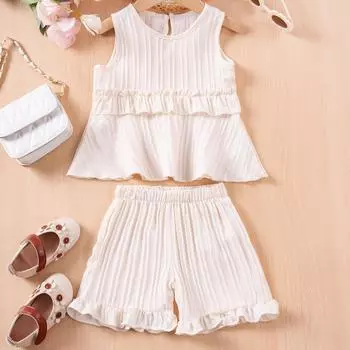 Летний костюм для девочек 1-5 лет Летний костюм без рукавов с оборками для девочек Легкий и дышащий костюм из двух частей 80 бежевый