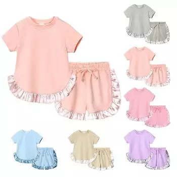 Летний костюм для девочек, детский комплект из двух предметов: кружевной топ с короткими рукавами и шорты 100