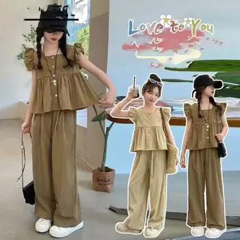 Летний костюм для девочек из двух частей: жилет, рукава-крылышки, брюки, костюм для девочек 170 хаки