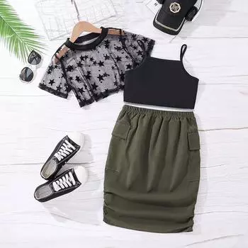 Летний костюм для девочек, топ в сетку со звездами, топ с короткими рукавами + жилет, комплект с полуюбкой, рубашка для девочек, юбка для девочек 130cm чёрный