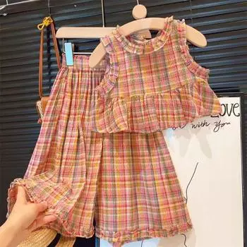 Летний костюм для девочек в клетку, классный кружевной жилет, широкие брюки, повседневный костюм 140