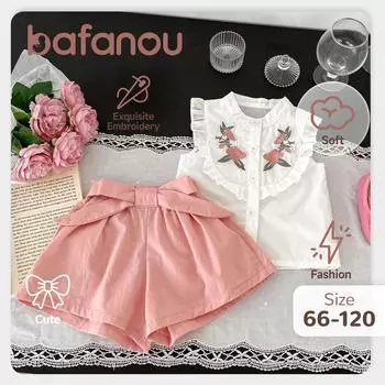 Летний костюм для девочки, вышитый детский топ без рукавов + шорты, комплект из 2 предметов, детская одежда для девочек с цветочным принтом, bafanou 66055 66cm(3-6M) розовый/белый