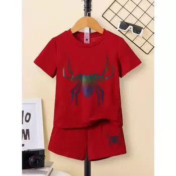 Летний костюм для мальчиков, футболка, топ, шорты, светоотражающий принт в виде паука, повседневная модная детская одежда для детей 4–7 лет 100