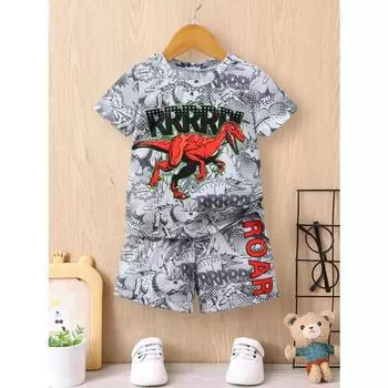 Летний костюм для мальчиков, футболка, топы, шорты, принт с динозавром, повседневная модная детская одежда 4-7 лет 100