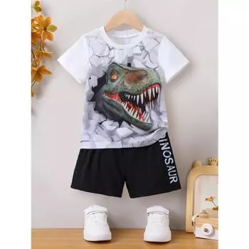 Летний костюм для мальчиков, футболка, топы, шорты, принт с динозавром, повседневная модная детская одежда 4-7 лет 100