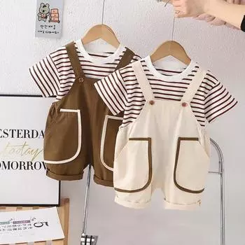 Летний костюм для мальчиков, новая детская корейская футболка с короткими рукавами, детские повседневные полосатые шорты с короткими рукавами, комплект из двух предметов 80 коричневый