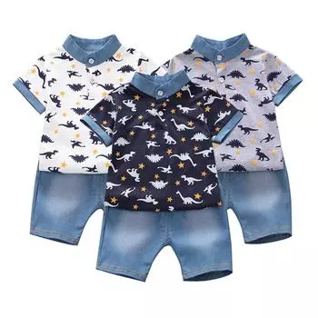 Летний костюм для маленьких мальчиков, летние топы с короткими рукавами и принтом динозавра, блузка, рубашка + шорты, дети 12M