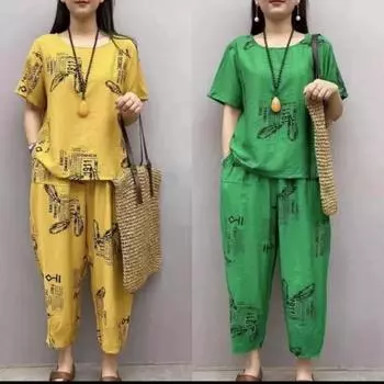 Летний костюм для мам среднего возраста с короткими рукавами, большой размер, модный свободный костюм из двух частей, топ + брюки, L-5XL L жёлтый
