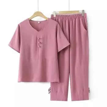 Летний костюм для мамы, свободный, удобный и прохладный, костюм с V-образным вырезом, футболка из двух частей и эластичные брюки XXXXL красный