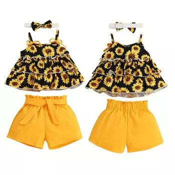 Летний костюм для новорожденных девочек, топ с бретелькой на бретельках с цветочным принтом + однотонные шорты + повязка для волос, комплект одежды из 3 предметов, одежда для маленьких девочек 3-6M