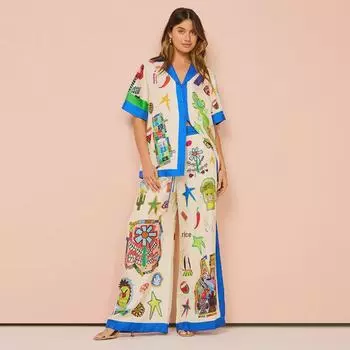 Летний костюм для отпуска 2024 года в европейском и американском стиле для женщин, свободная рубашка с принтом и брюки XL синий/абрикосовый