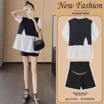 Летний костюм-двойка для беременных: Стильный утягивающий топ и свободные шорты для беременных женщин небольшого роста M