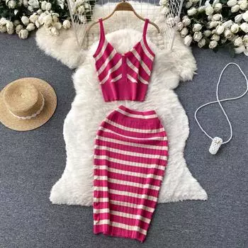 Летний костюм-двойка, женское летнее вязаное платье-бретелька в полоску с высокой талией и средней длиной бедра