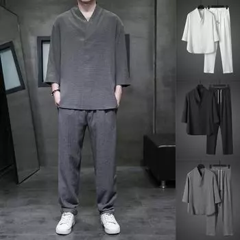 Летний костюм Ice Silk Мужская тонкая футболка Мужской свободный костюм Tang с короткими рукавами большого размера Костюм из двух частей XXXXL белый