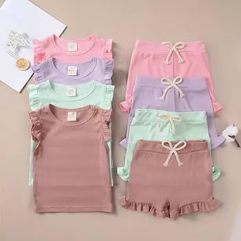 Летний костюм из 2 предметов для девочек дошкольного возраста, однотонные повседневные шорты с короткими рукавами для девочек, удобная и мягкая одежда 120 зелёный