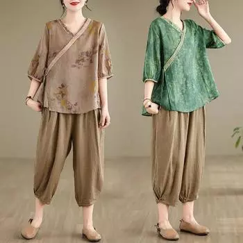 Летний костюм из 2 предметов, женская футболка большого размера, брюки, удобный топ из двух предметов с короткими рукавами и длинные брюки, свободный повседневный костюм L зелёный