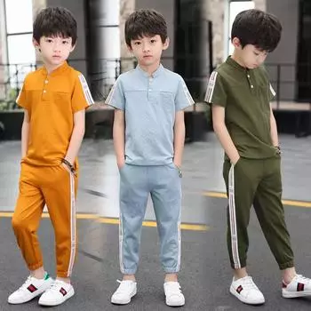 Летний костюм из хлопка и льна из ледяного шелка для мальчиков, летний костюм из двух частей с короткими рукавами