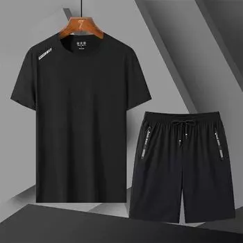 Летний костюм из шёлка Ice Silk с короткими рукавами, мужские быстросохнущие сетчатые брюки большого размера с короткими рукавами и застёжкой-молнией S темно-синий