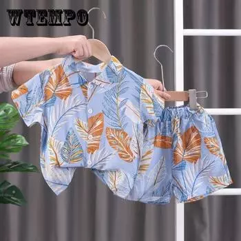 Летний костюм-рубашка с короткими рукавами для мальчиков, повседневный детский комплект из двух предметов в пляжном стиле 80 жёлтый