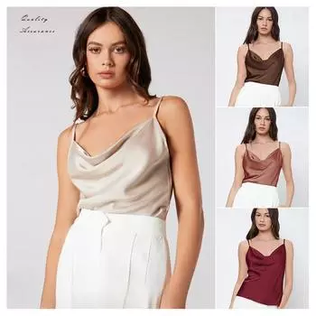 Летний костюм с имитацией шелкового атласа, жилет-комбинезон для женщин, воротник-стойка с ворсом, сексуальный воротник-стойка, короткий топ, майки и топы S светло-коричневого