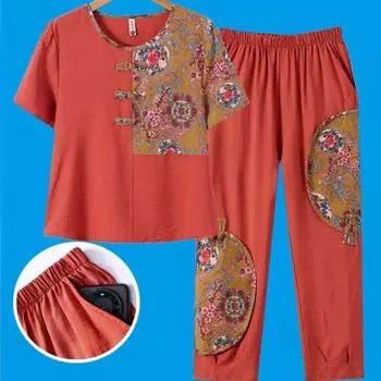 Летний костюм с короткими рукавами, этнический стиль моды, костюм Тан для людей среднего возраста, укороченные брюки из двух частей, костюм из хлопка и льна в китайском стиле XXXXXL оранжевый