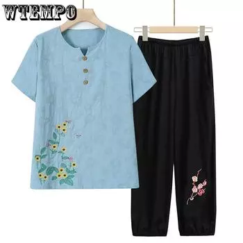 Летний костюм с короткими рукавами для мамы, комплект из двух предметов для взрослых и пожилых людей, хлопок и лен, футболка большого размера, повседневный брючный костюм XL красный