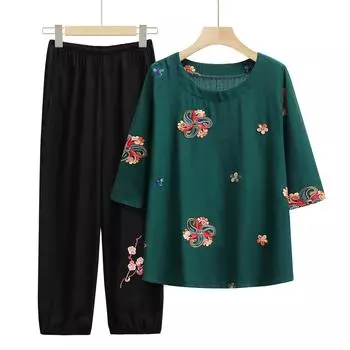 Летний костюм с принтом, женская свободная одежда из хлопка и льна с короткими рукавами L темные хаки