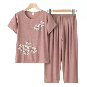 Летний костюм с принтом, женский хлопок и лен с короткими рукавами, свободная летняя одежда, костюм из двух предметов, большие размеры XXXXL синий