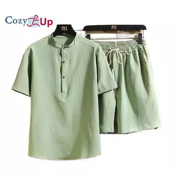 Летний костюм с шортами и футболкой, воротник-стойка, повседневный однотонный комплект из двух предметов из хлопка и льна M белый