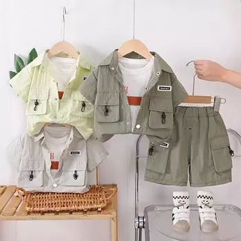 Летний костюм-тройка для мальчиков 2025 г.: Красивая рубашка с короткими рукавами и детская рабочая одежда 5 sets of 80cm-120cm армия зеленый