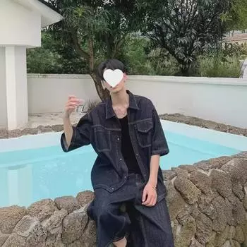 Летний костюм унисекс в стиле ретро из американского денима с короткими рукавами и укороченными шортами M