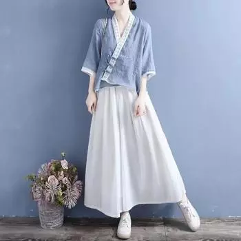 Летний костюм в этническом стиле в стиле ретро, женский костюм-двойка в китайском стиле с пряжкой-диском, рукавом три четверти, блузкой и длинной юбкой XXXXL белый