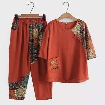 Летний костюм в стиле ретро-вестерн: Свободный комплект из двух частей для модных бабушек 2XL [115-125 Jin] оранжевый