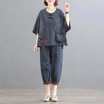 Летний костюм, вышитая пряжка, свободный, большой размер, тонкий, облегающий костюм-двойка в стиле ретро, модный деним XXXL синий