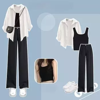 Летний костюм Женская женская одежда Солнцезащитная рубашка Камзол с костюмными брюками Костюм-тройка S