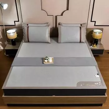 Летний коврик из натурального латекса, высококачественный коврик из ледяного шелка, состоящий из трех частей, моющийся, складной, для домашнего использования, для кондиционирования воздуха, ротанговый коврик 90x195cm2-piece set серебряный серый