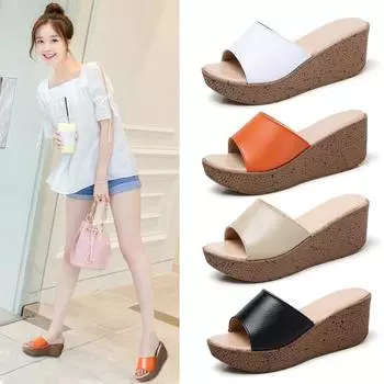 Летний кожаный спуск с женскими тапочками, босоножки на толстой подошве, босоножки на высоком каблуке, женская обувь на высоком каблуке 35 белый