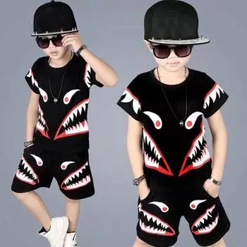Летний красивый повседневный костюм для мальчиков среднего и большого размера, комплект из двух предметов: футболка с короткими рукавами и шорты 160 чёрный