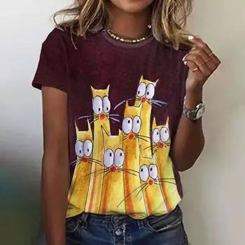 Летний круглый вырез с 3D рисунком в виде мультфильма, модные повседневные женские футболки с короткими рукавами S