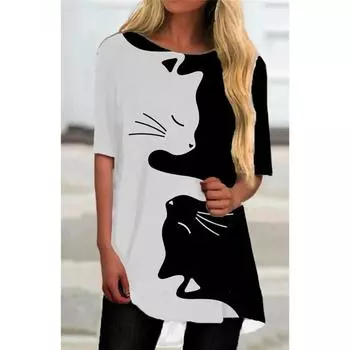 Летний круглый вырез с 3D забавным рисунком кошки, модный повседневный топ с коротким рукавом для женщин S