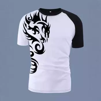 Летний круглый вырез свитера сетчатый свободный принт повседневные футболки мужские S