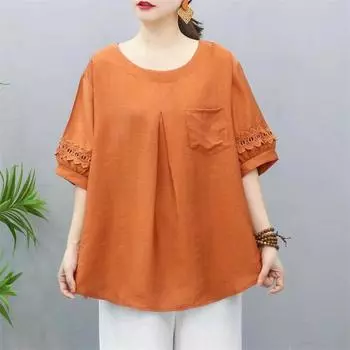 Летний круглый вырез Tencel Cotton Корейская версия Утягивающий корейский вариант Повседневный топ Женская корейская версия кружева с короткими рукавами Футболка one size зелёный